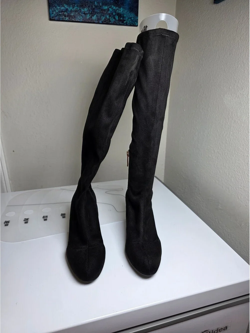 BCBGeneration Black Suede Gold Zipper Gold Kitten Heel Knee High Boots Size 6.5M